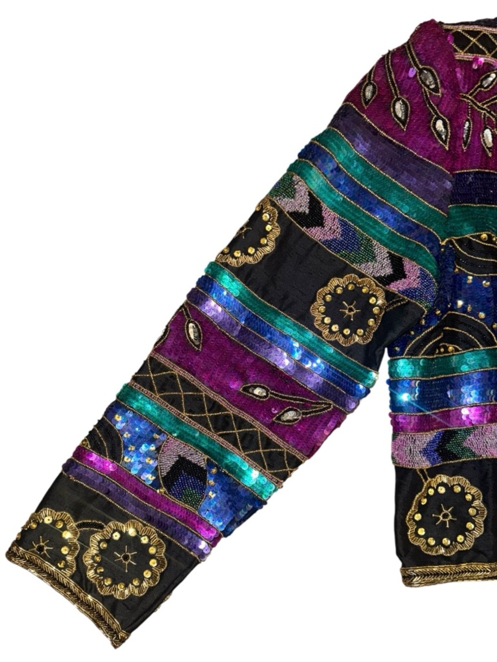 VTG Parisian Works Multicolor Silk Sequin & Embroidered Open-Front Jacket, XL - Picture 7 of 10